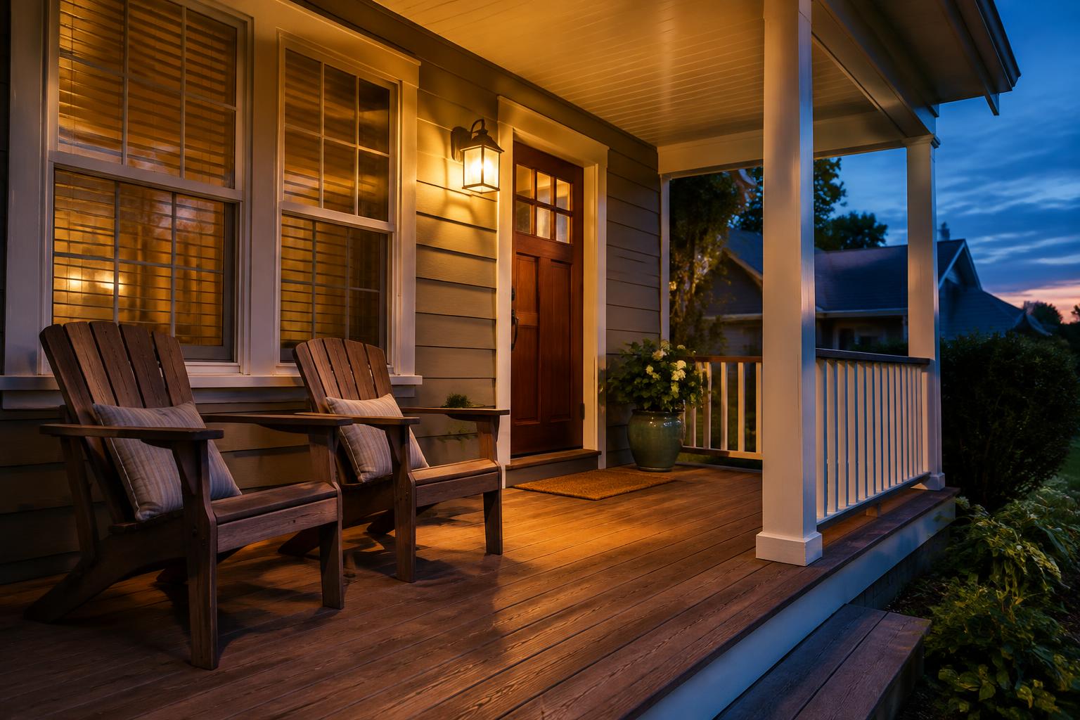A covered wooden front porch with two chairs and a warm light on at dusk