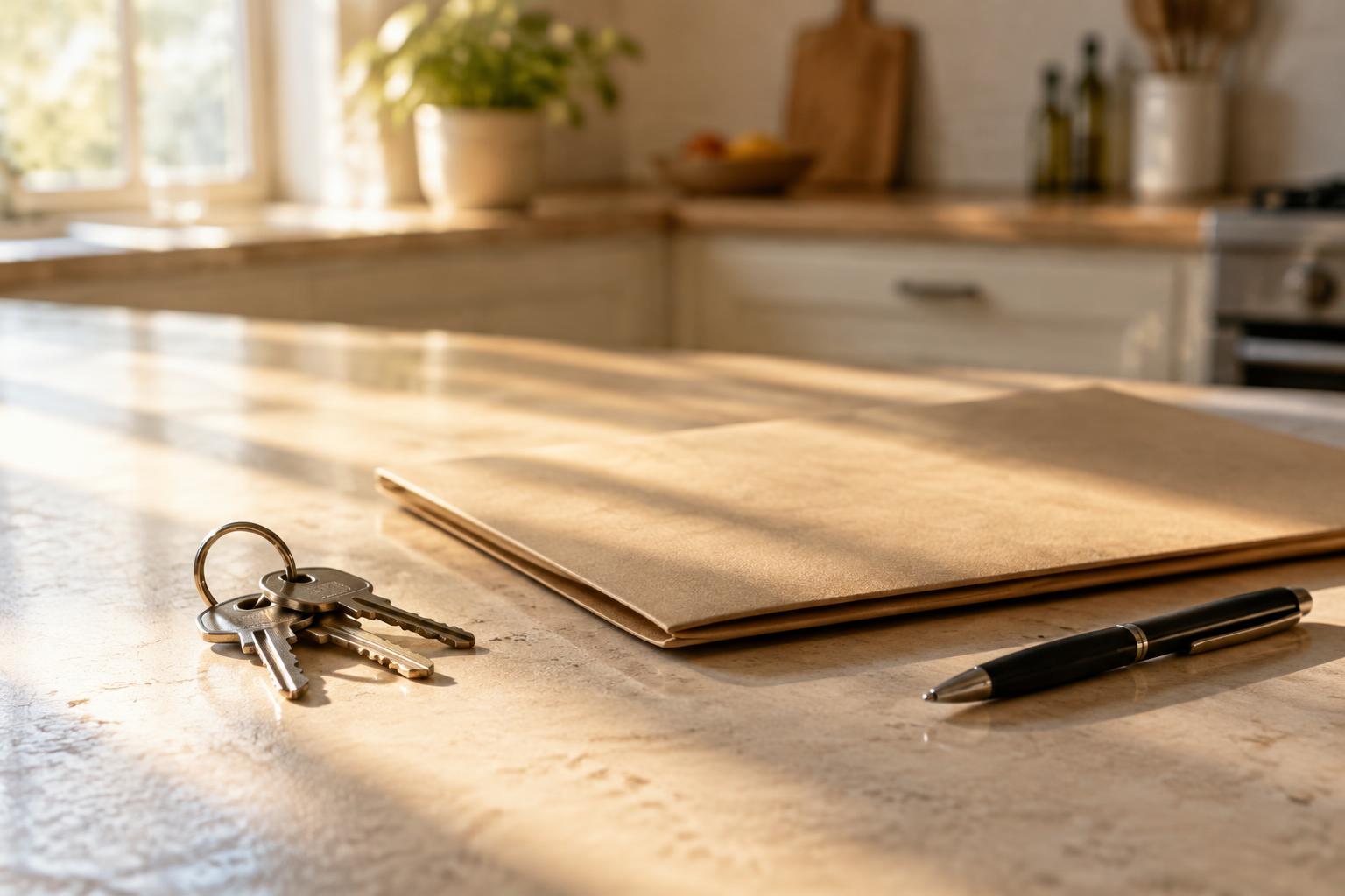 House keys beside a closed document folder and pen on a kitchen counter