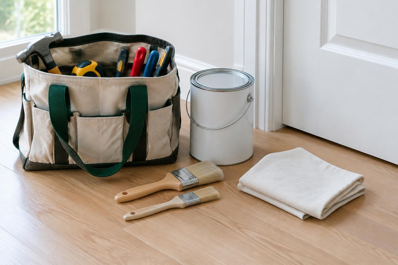 A canvas tool bag, paint can, brushes and a folded cloth on a wooden floor beside white door trim